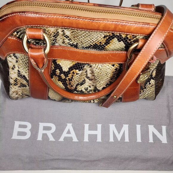 Brahmin Louise Rose Embossed Snakeskin Leather Satchel Handbag Brown Trim Strap - Picture 2 of 16